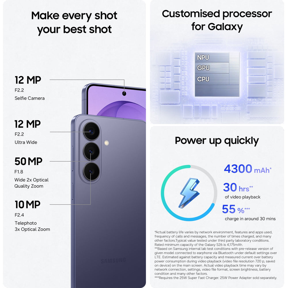 Samsung Galaxy S26 256GB 5G Smartphone - Cobalt Violet | SM-S942BZVGEUB