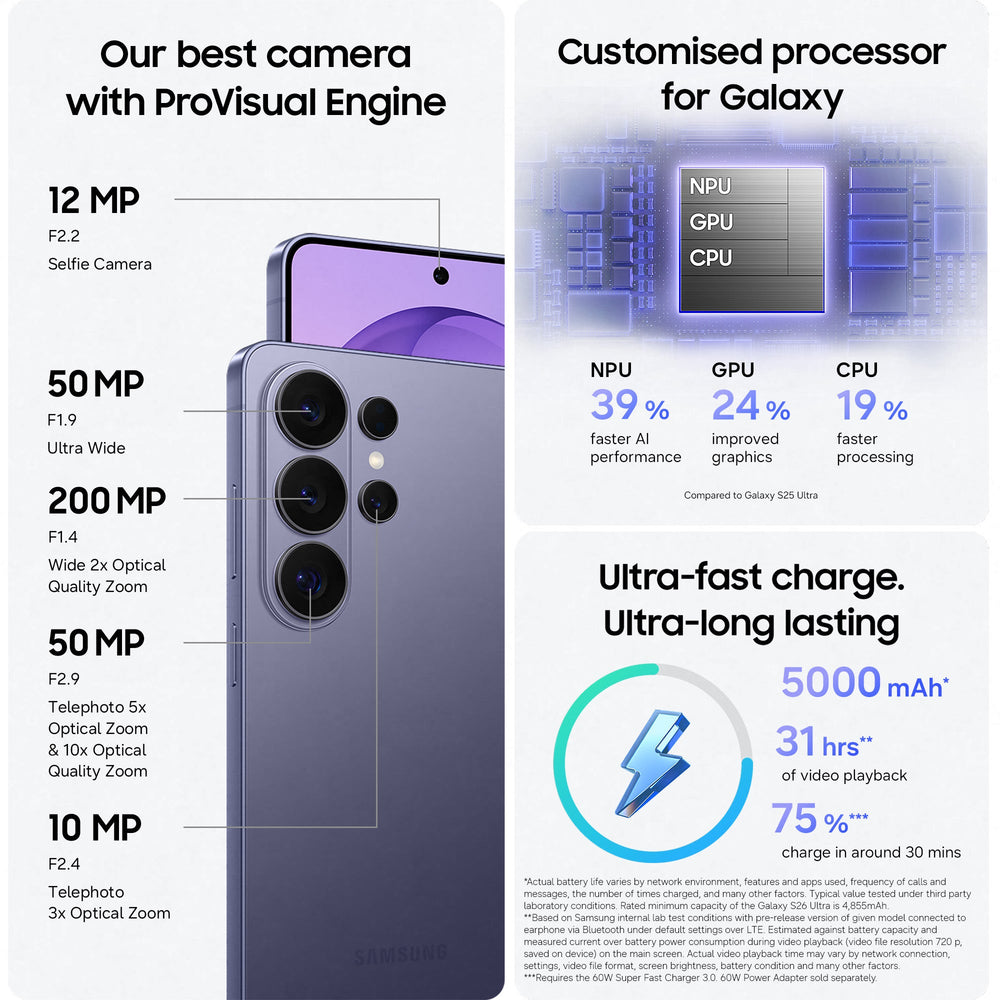 Samsung Galaxy S26 Ultra 256GB 5G Smartphone - Cobalt Violet | SM-S948BZVDEUB