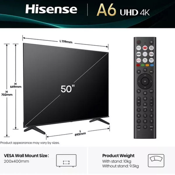 Hisense A6Q 50" 4K Smart TV - Schwarz | 50a61q