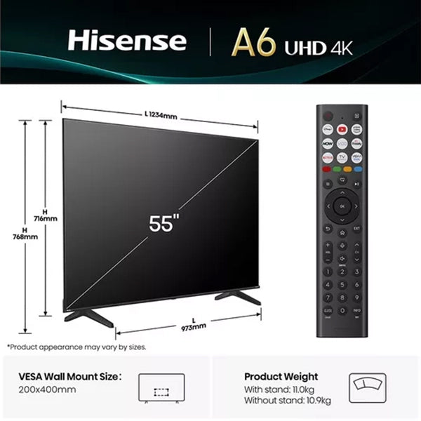 Hisense A6Q 55" 4K Smart TV - Schwarz | 55A61Q
