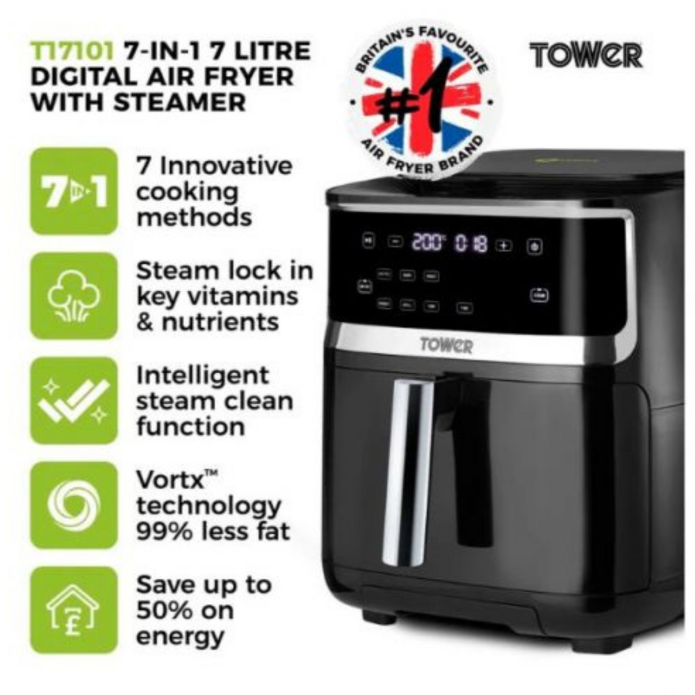 Tower Vortx 1700W 7L Steam Heißluftfritteuse - Schwarz | T17101